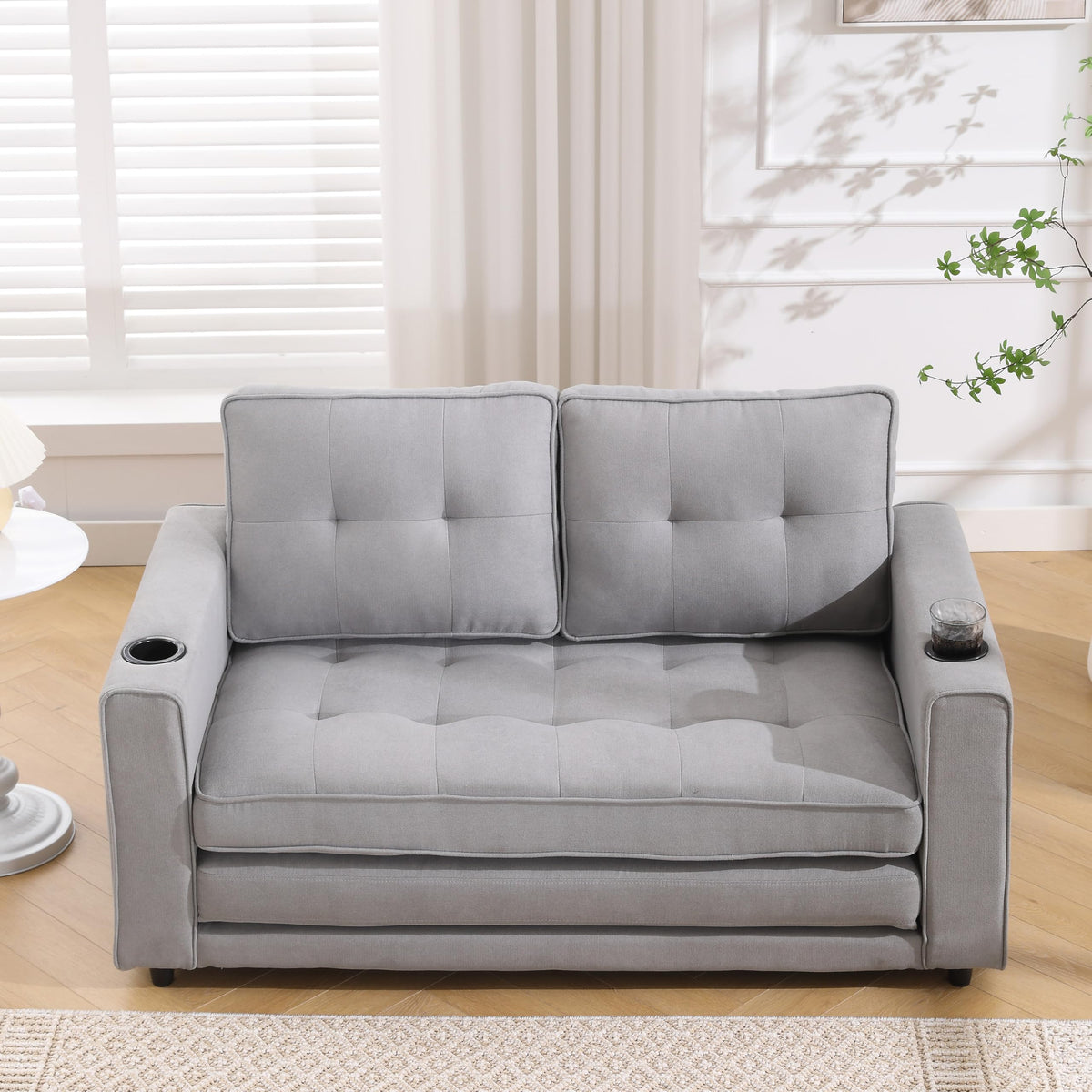 Light Gray Convertible Futon Sofa Bed with Cup Holder O2976