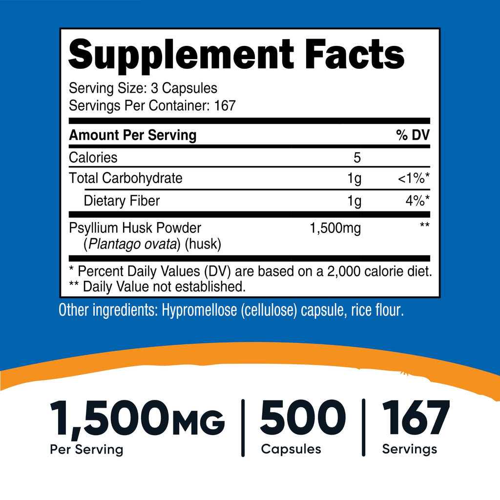 Psyllium Husk 1500mg 500 Capsules Gluten Free X6232