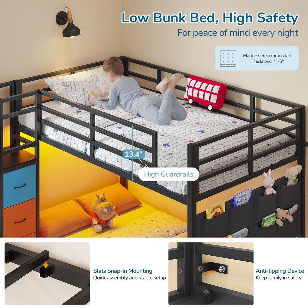 Twin Over Twin Bunk Bed with Storage Staircase & 6 Drawers H572