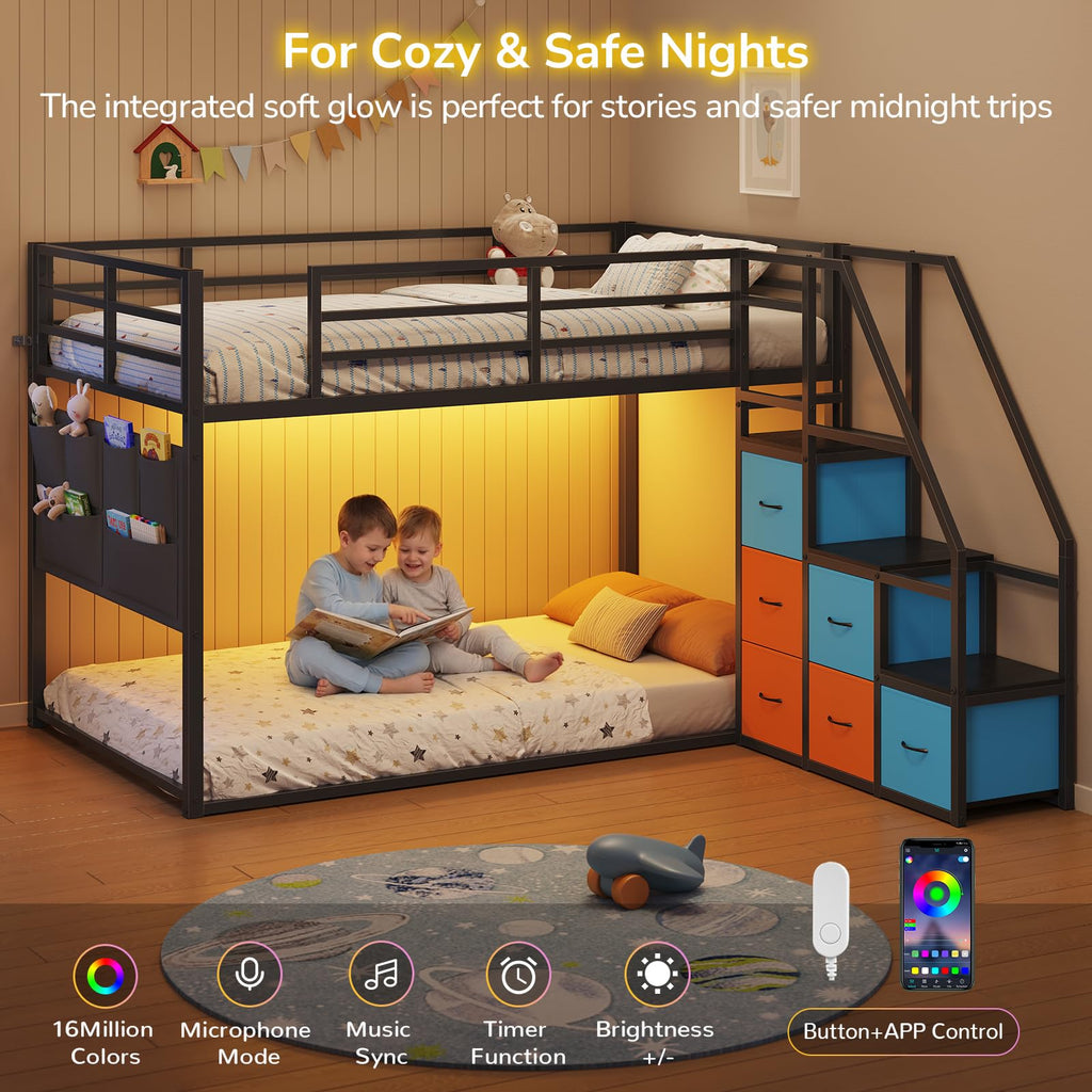 Twin Over Twin Bunk Bed with Storage Staircase & 6 Drawers H572