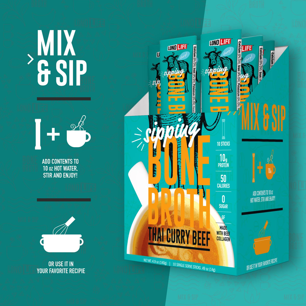 Thai Curry Beef Bone Broth Powder Mix 24 Stick Pack J8407