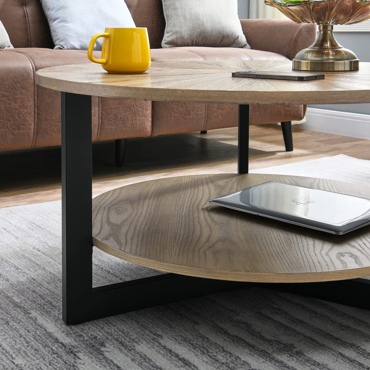 33.5" Round 2-Tier Wood Coffee Table with Storage F298529