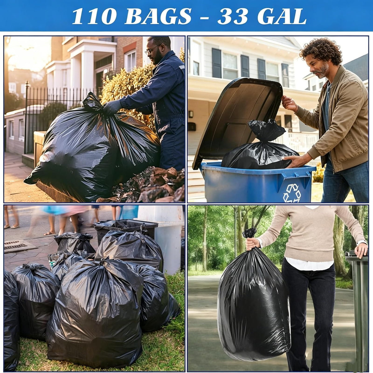 33 Gallon Heavy Duty Trash Bags 110 Count Black Can Liners S5707