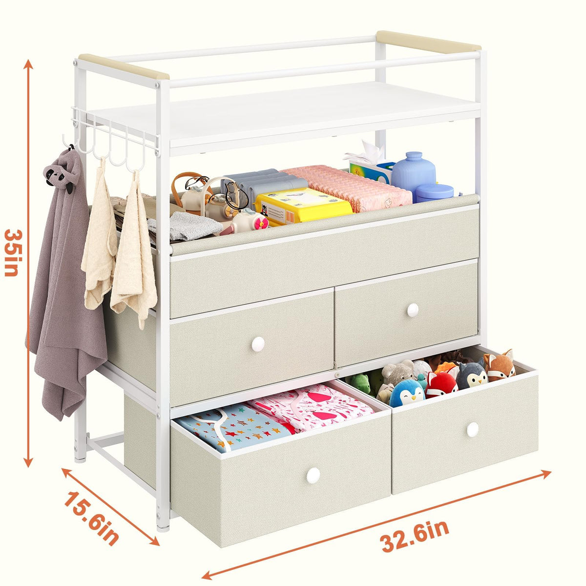 Baby Diaper Changing Table Dresser with Safety Bumper and 4 Drawer Y59673