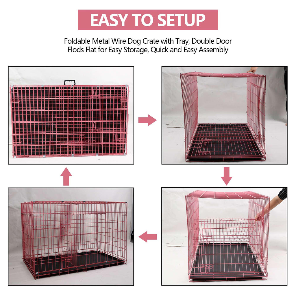 Foldable Double Door 48" Dog Crate with Leak-Proof Tray T9862