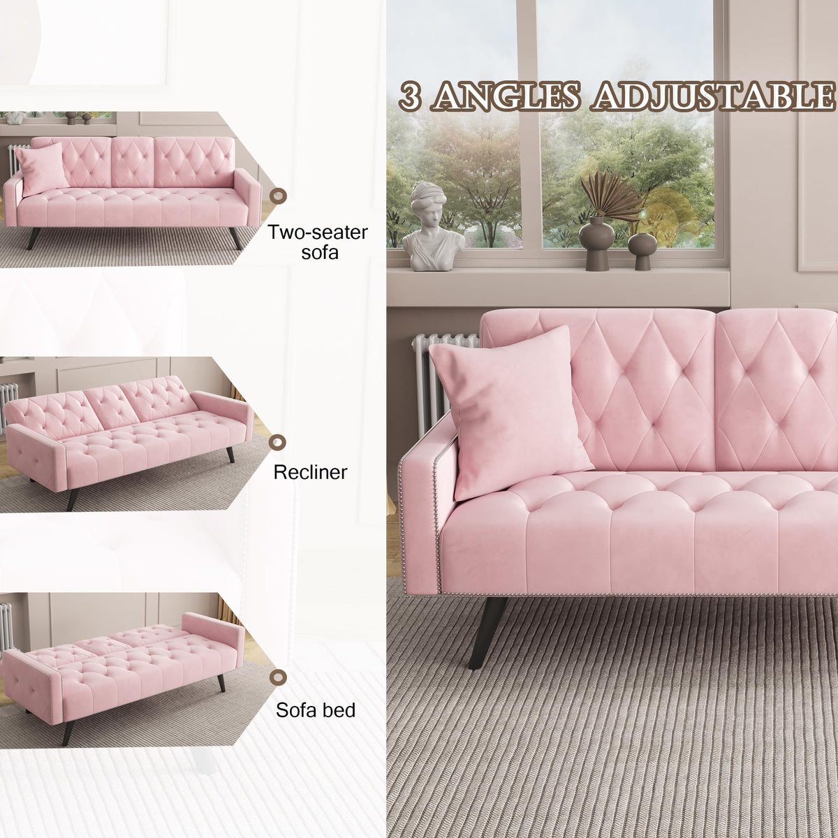 Pink Velvet Futon Sofa Bed Y411344