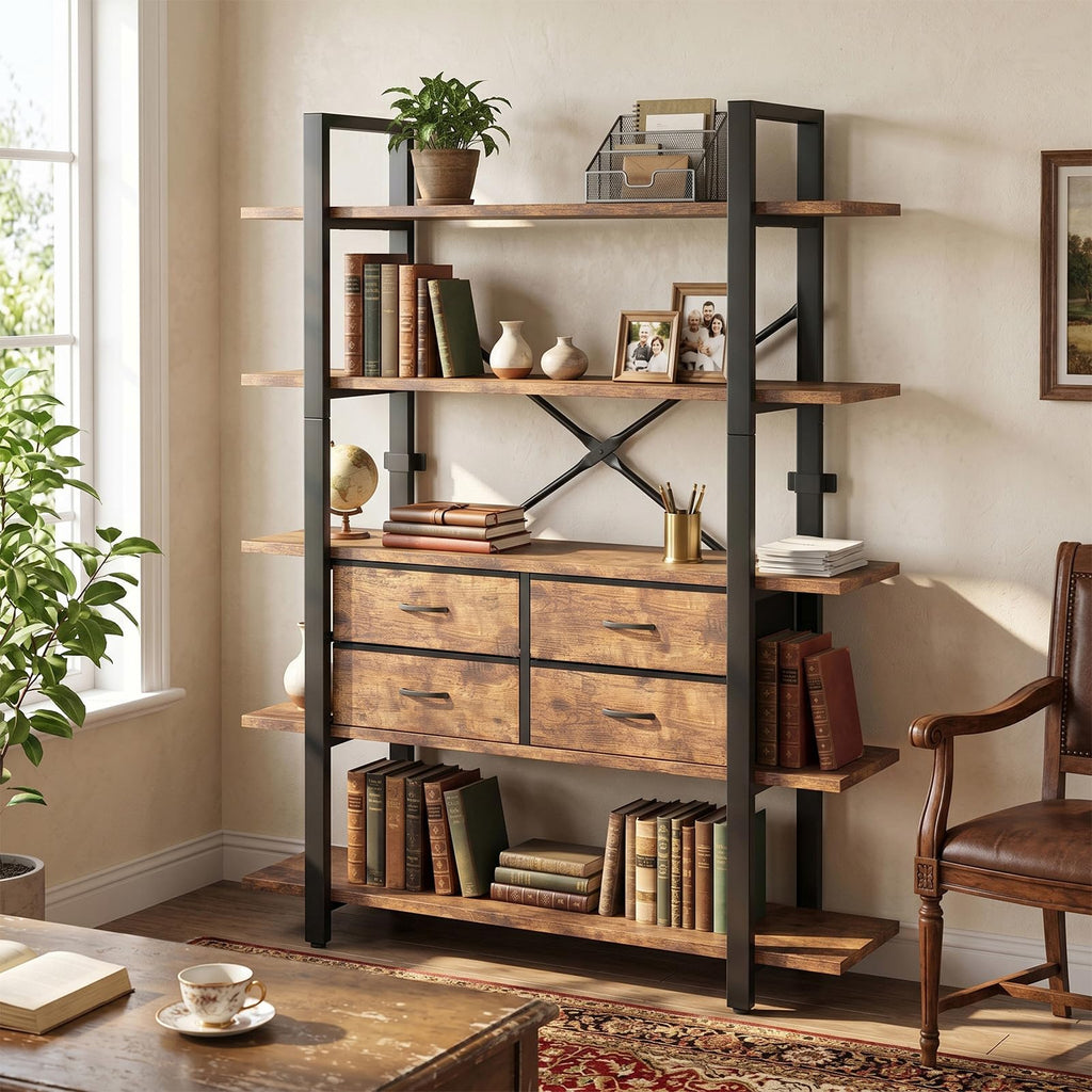 5-Tier Wood and Metal Bookshelf with 4 Fabric Drawers C39689