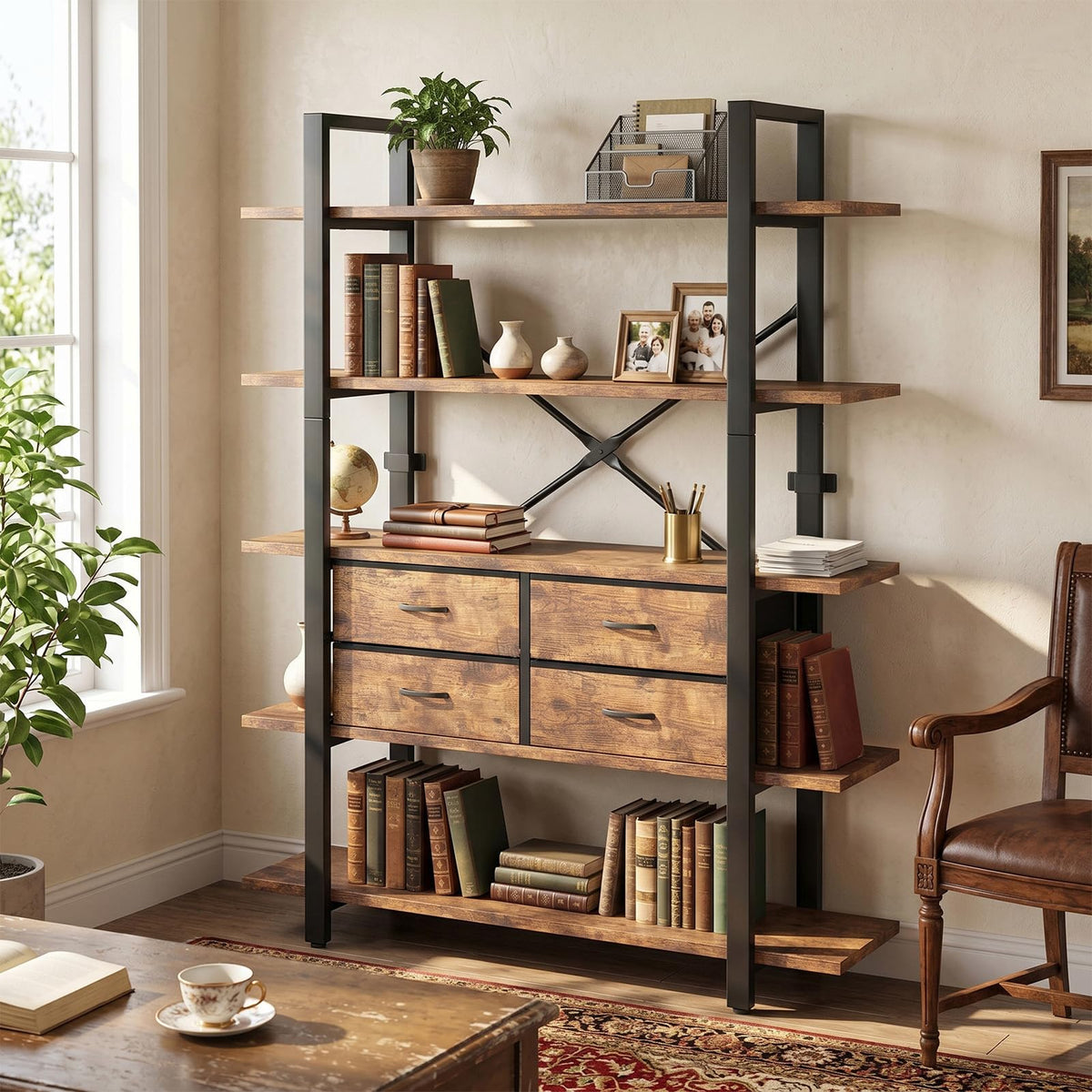 5-Tier Wood and Metal Bookshelf with 4 Fabric Drawers C39689