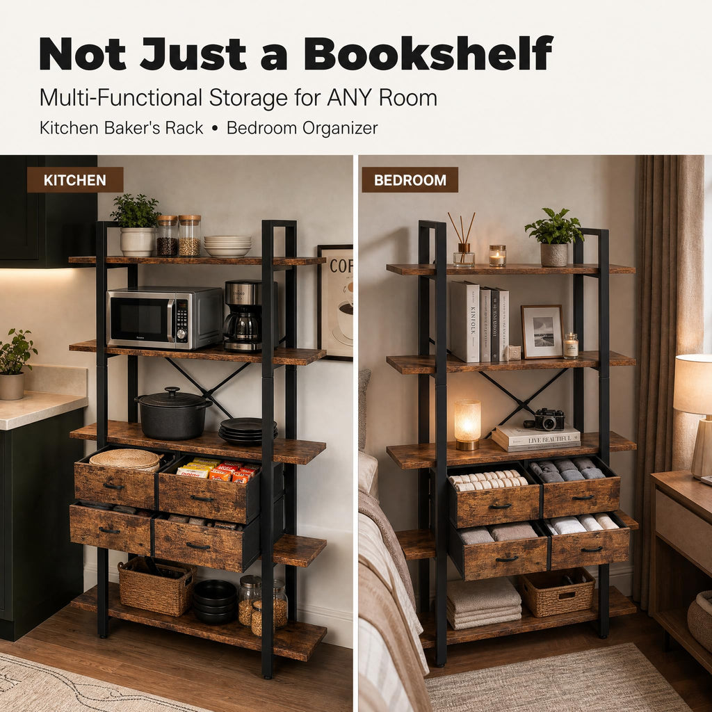 5-Tier Wood and Metal Bookshelf with 4 Fabric Drawers C39689