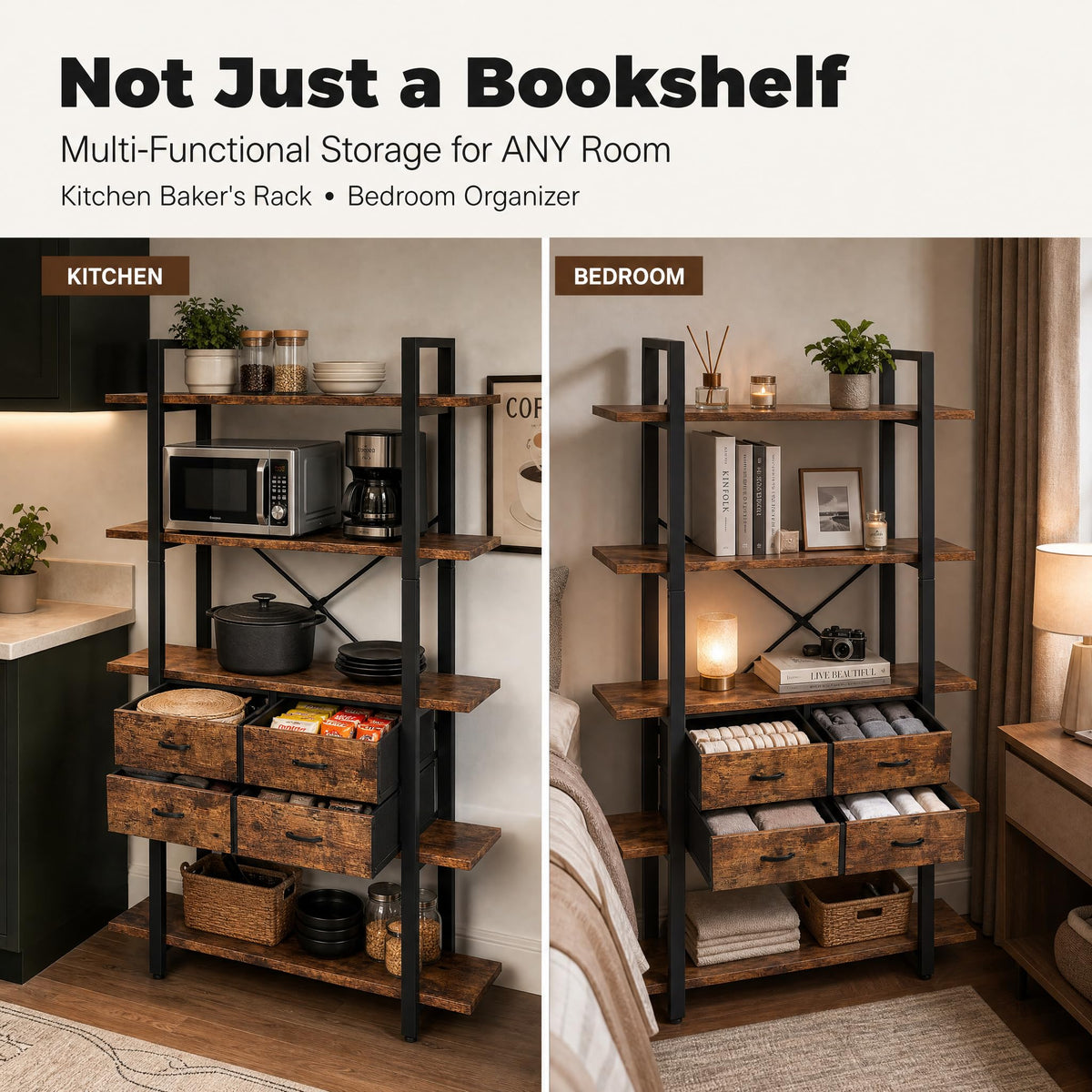 5-Tier Wood and Metal Bookshelf with 4 Fabric Drawers C39689