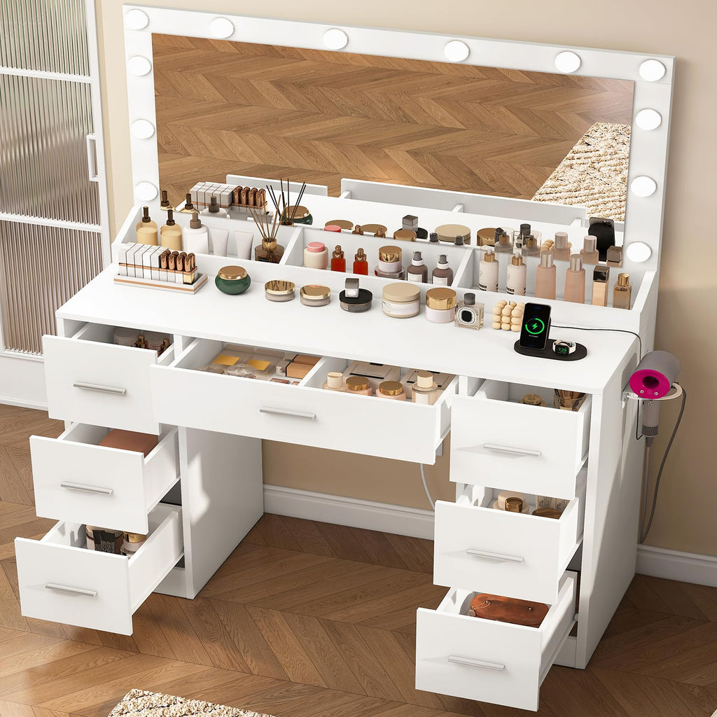 White Vanity Desk with 12 LED Lights and 7 Drawers X933
