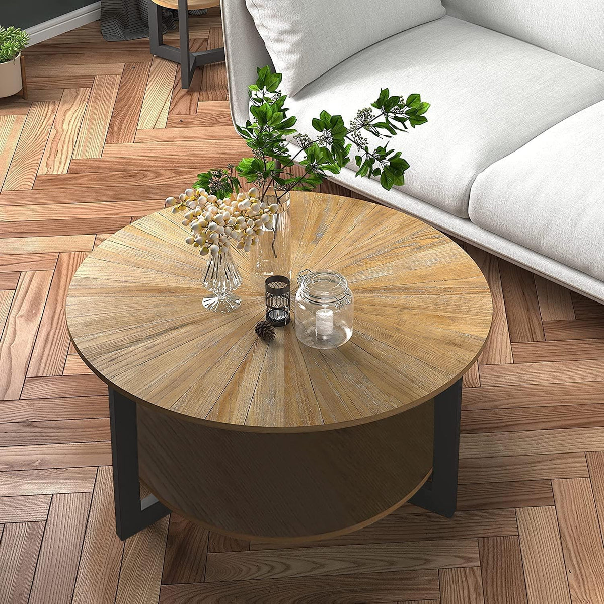 33.5" Round 2-Tier Wood Coffee Table with Storage F298529