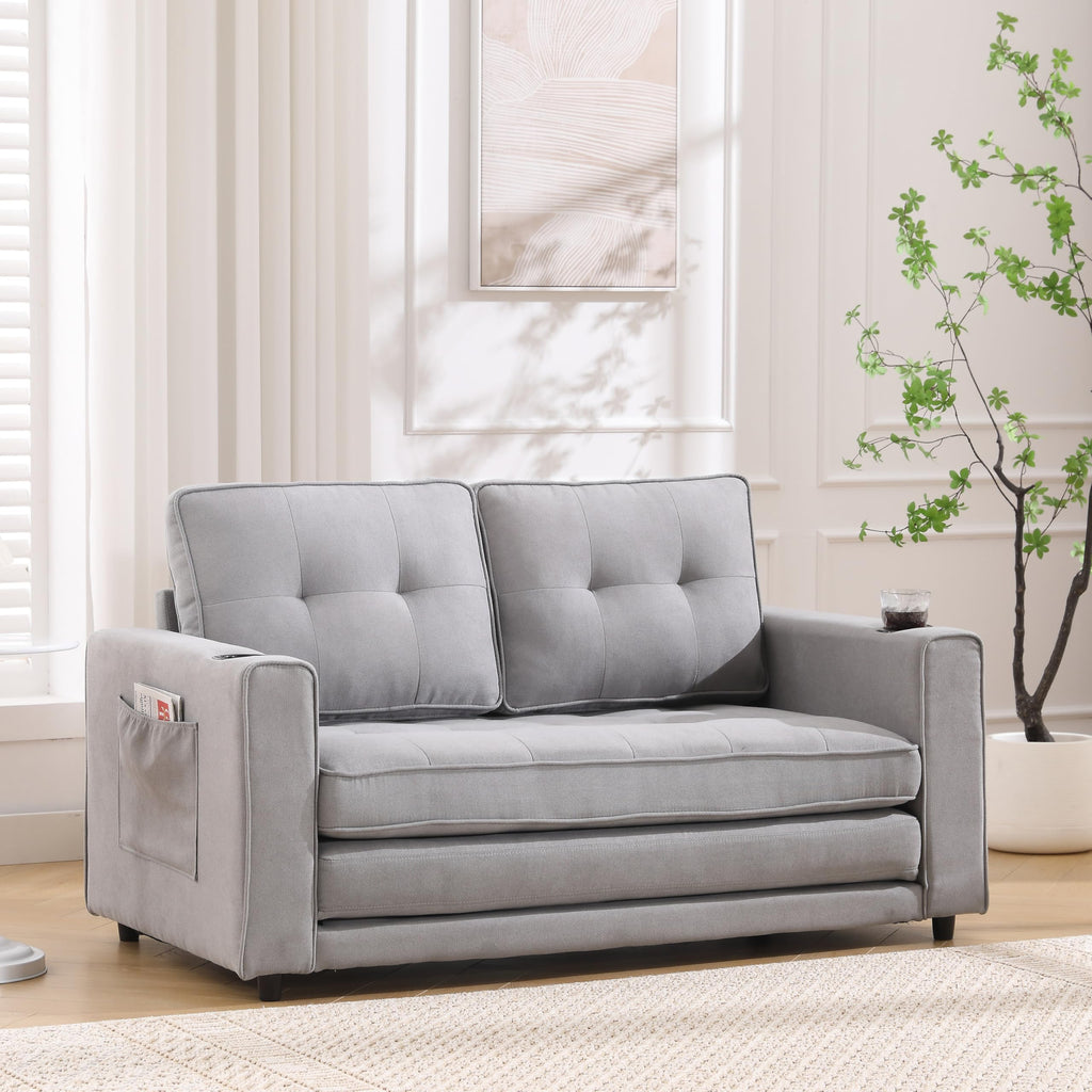 Light Gray Convertible Futon Sofa Bed with Cup Holder O2976