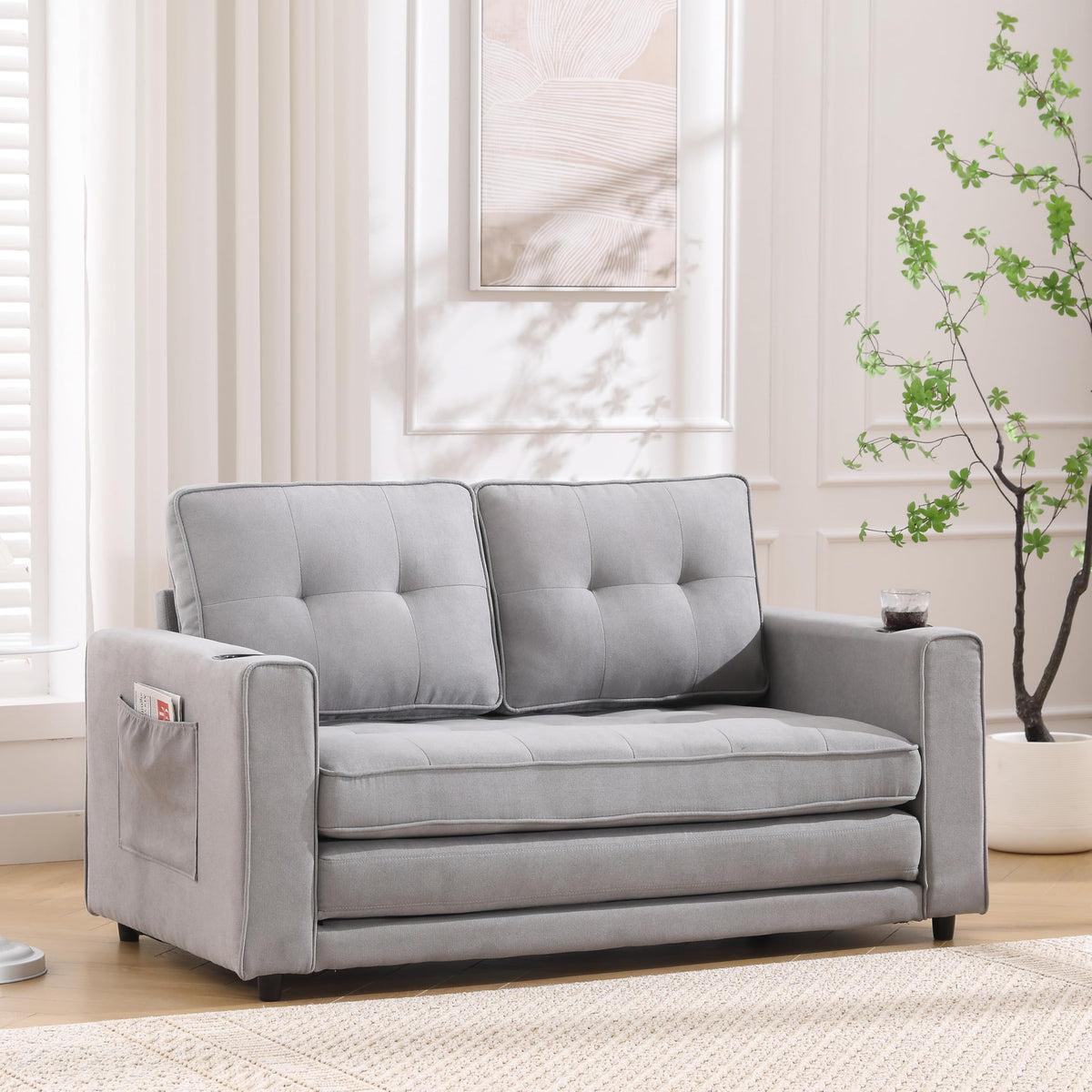 Light Gray Convertible Futon Sofa Bed with Cup Holder O2976
