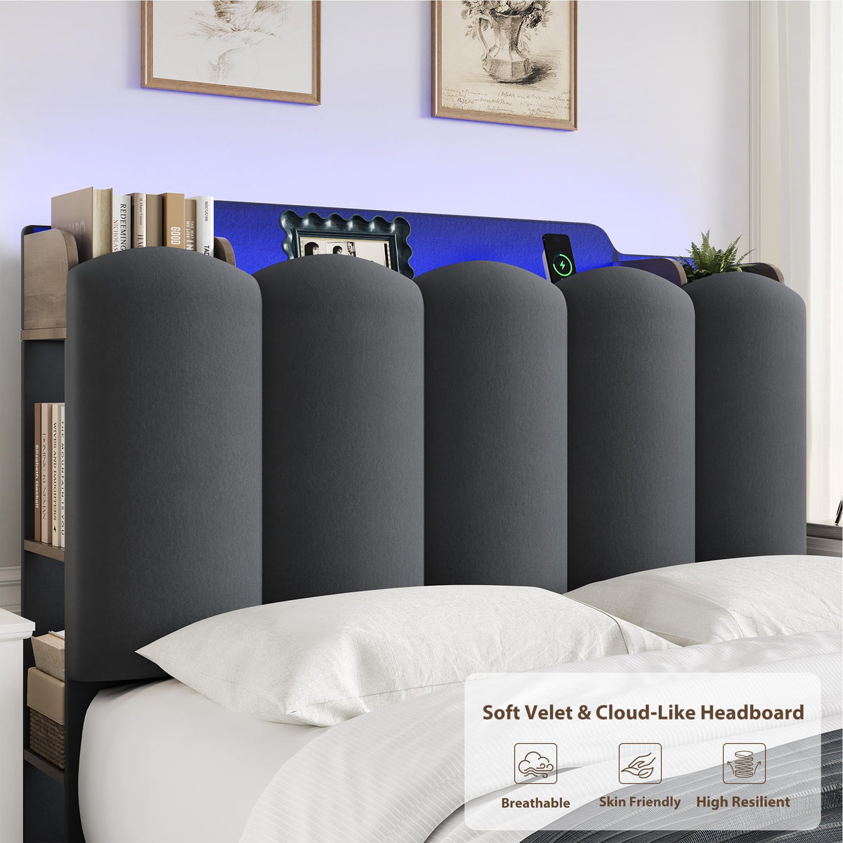 Twin Upholstered Platform Bed Frame with Storage Headboard B668