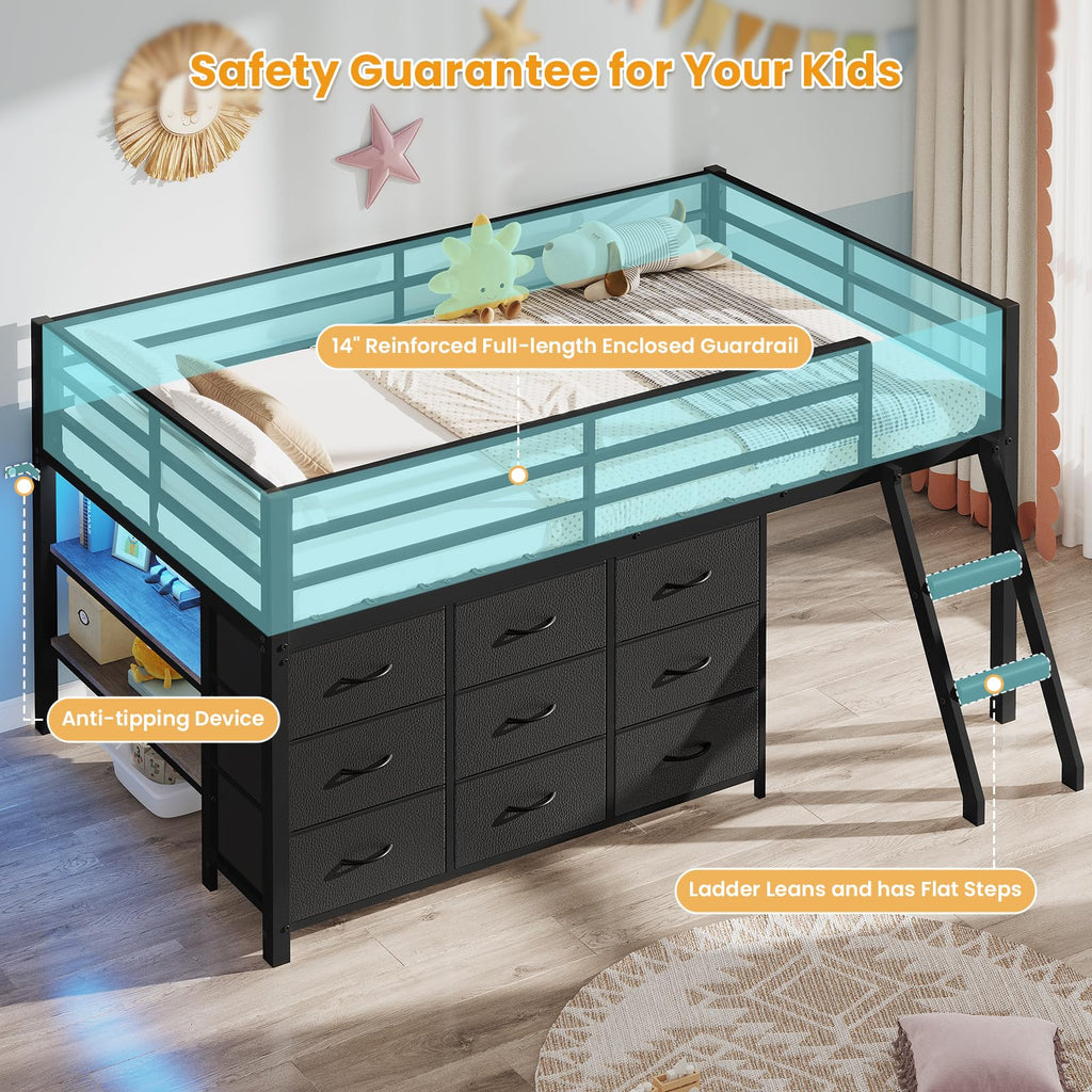 Twin Size Loft Bed with 9 Storage Drawers Z195017