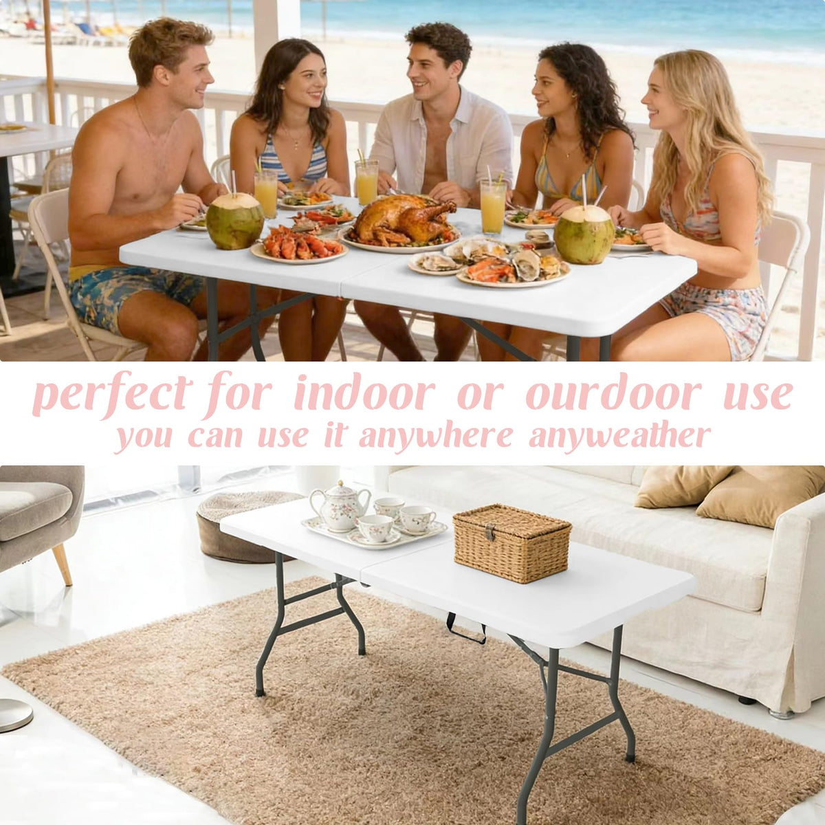 2 Pack 6 Feet Portable Folding Table White Plastic W603545