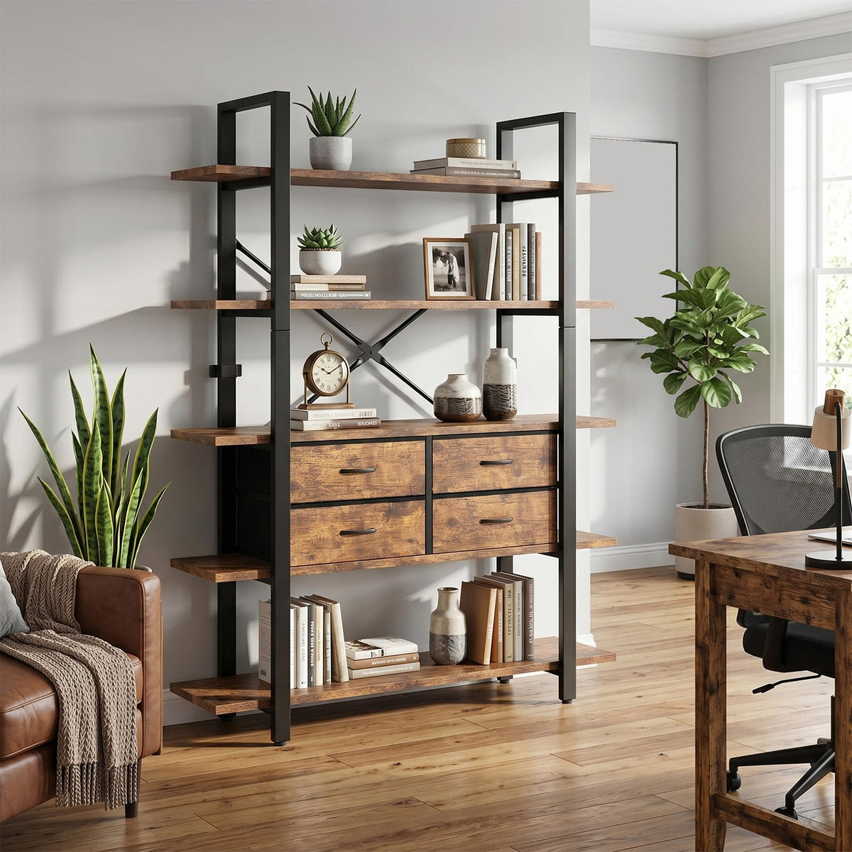 5-Tier Wood and Metal Bookshelf with 4 Fabric Drawers C39689