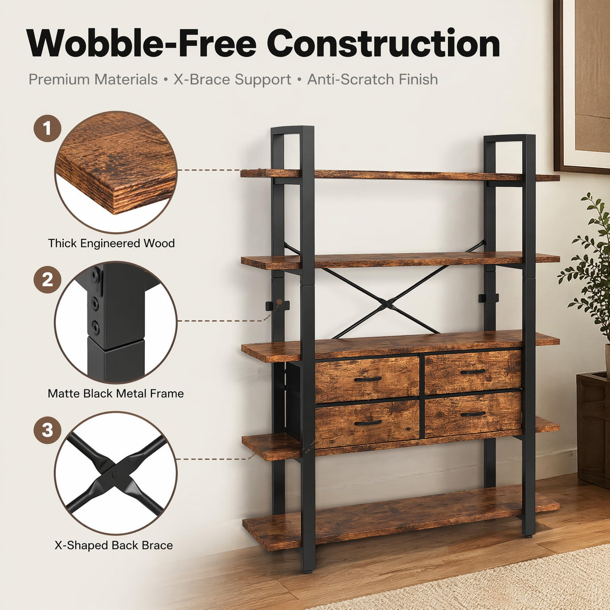 5-Tier Wood and Metal Bookshelf with 4 Fabric Drawers C39689