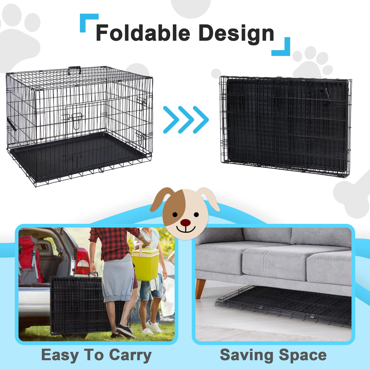 42 Inch Folding Metal Dog Crate with Tray and Handle H54299