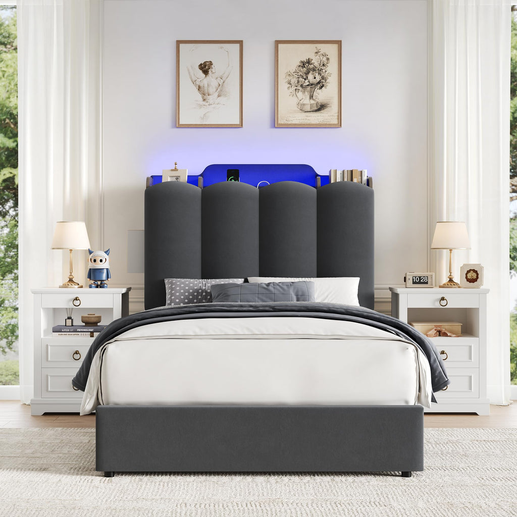 Twin Upholstered Platform Bed Frame with Storage Headboard B668