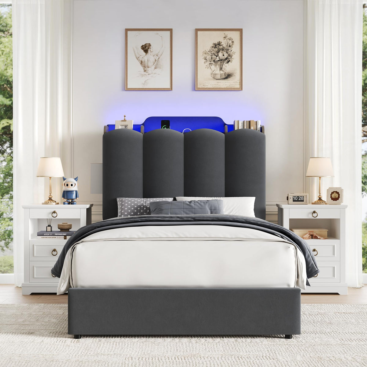 Twin Upholstered Platform Bed Frame with Storage Headboard B668