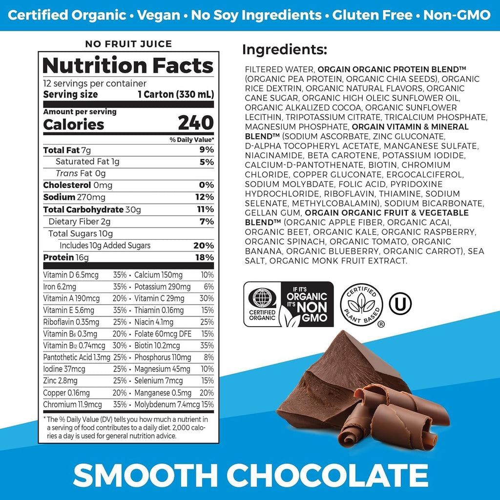 Organic Vegan Protein Shake Smooth Chocolate & Vanilla Bean 16g 11 Fl Oz Z923