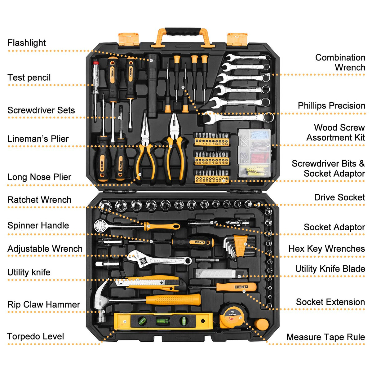 208 Piece General Household Hand Tool Kit with Toolbox Storage Case O4933