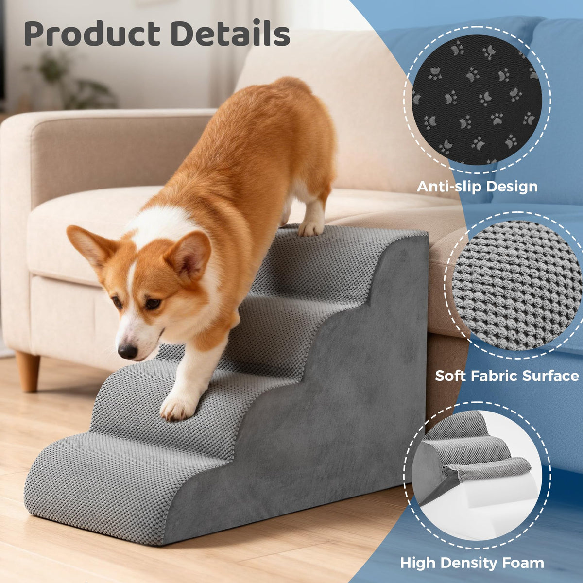 Grey 4-Step Curved Pet Dog Stairs T156