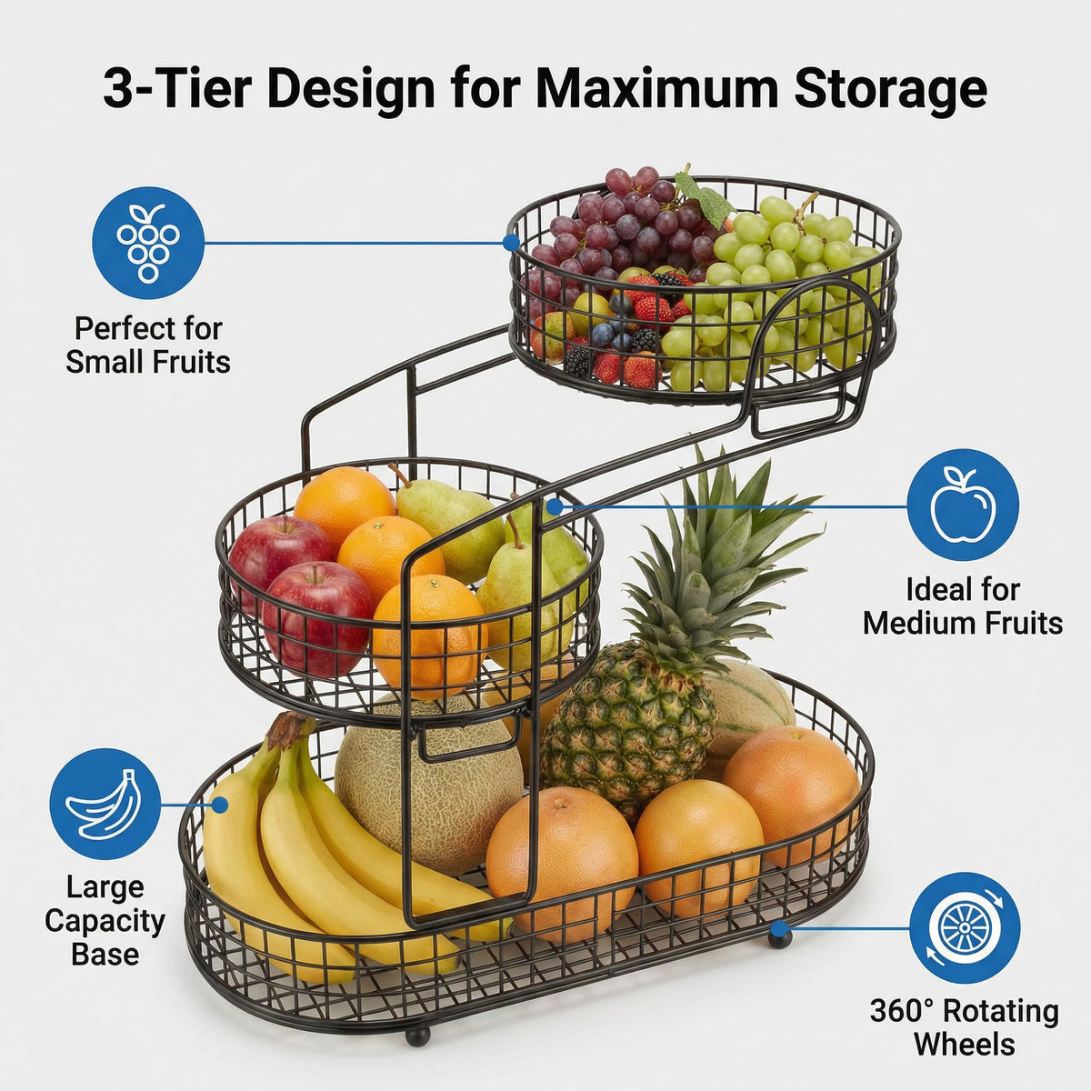 3-Tier Metal Fruit Basket Vegetable Storage Basket A296873