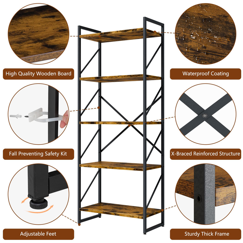 5 Tiers Rustic Brown Bookshelf V73191