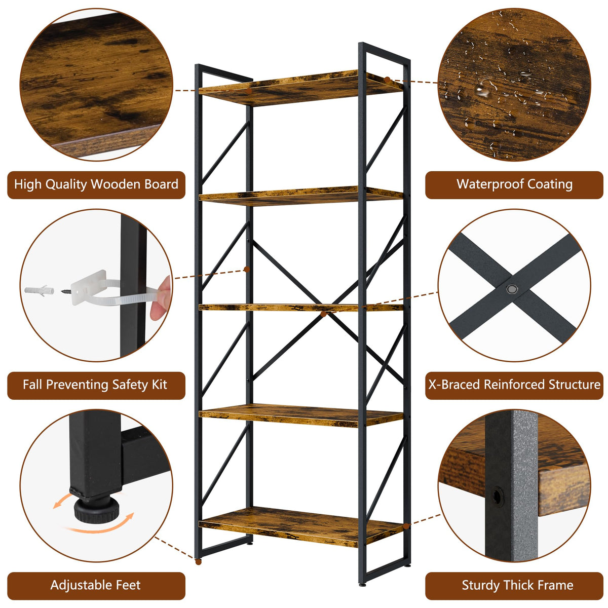 5 Tiers Rustic Brown Bookshelf V73191