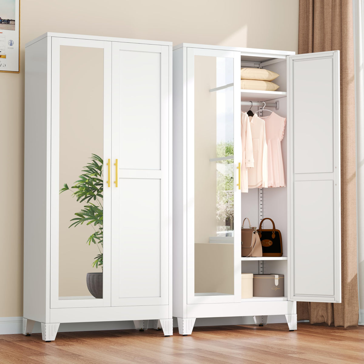 Metal Armoire Wardrobe Closet with Mirror Z29157
