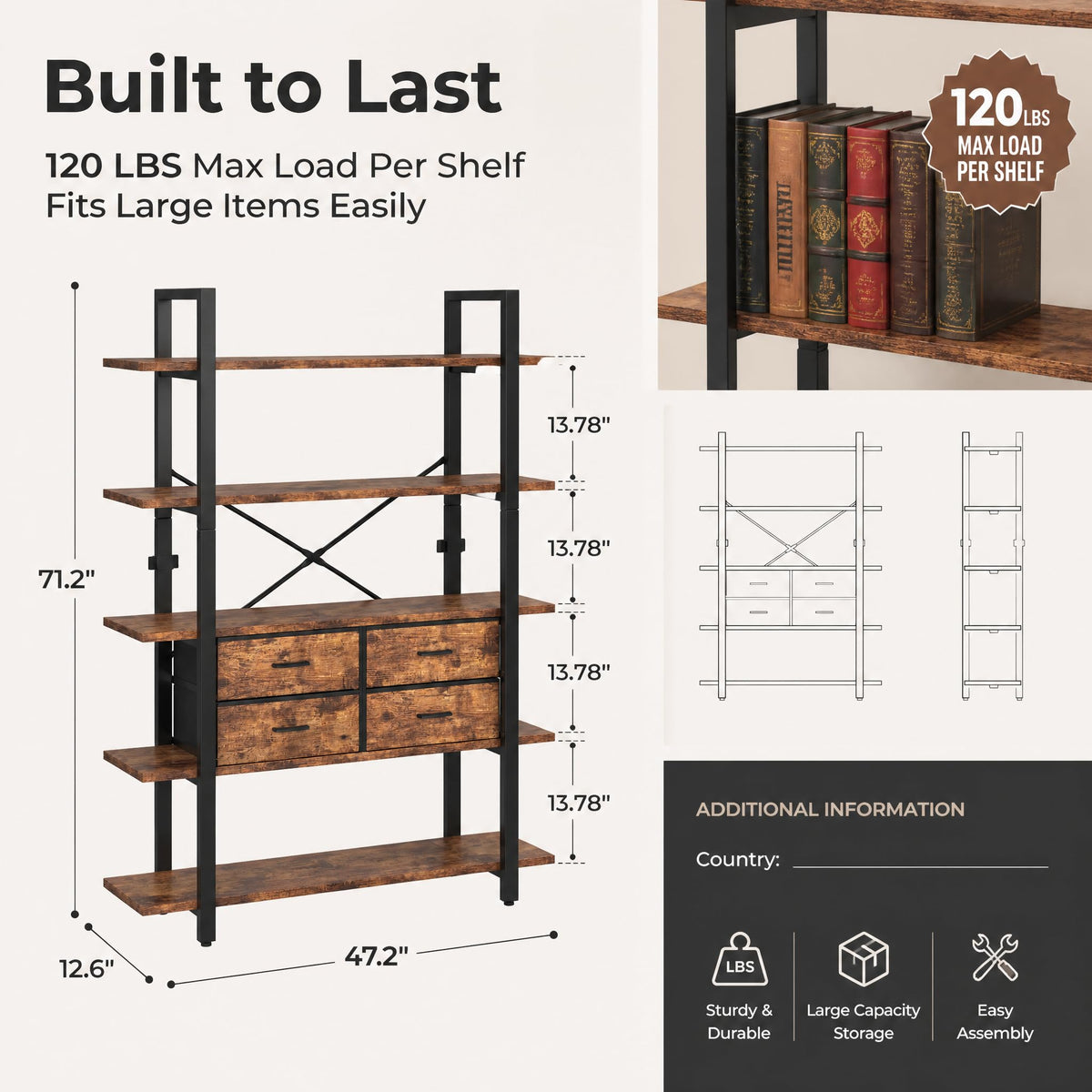 5-Tier Wood and Metal Bookshelf with 4 Fabric Drawers C39689