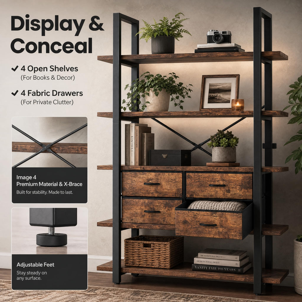 5-Tier Wood and Metal Bookshelf with 4 Fabric Drawers C39689