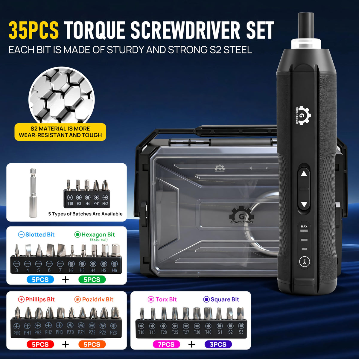 4V Electric Torque Screwdriver Set with 35 Magnetic Bits and Storage Box A940264