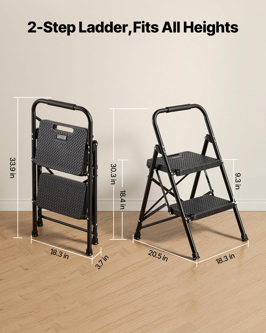 2 Step Folding Steel Ladder 600 lbs Capacity Black R52957