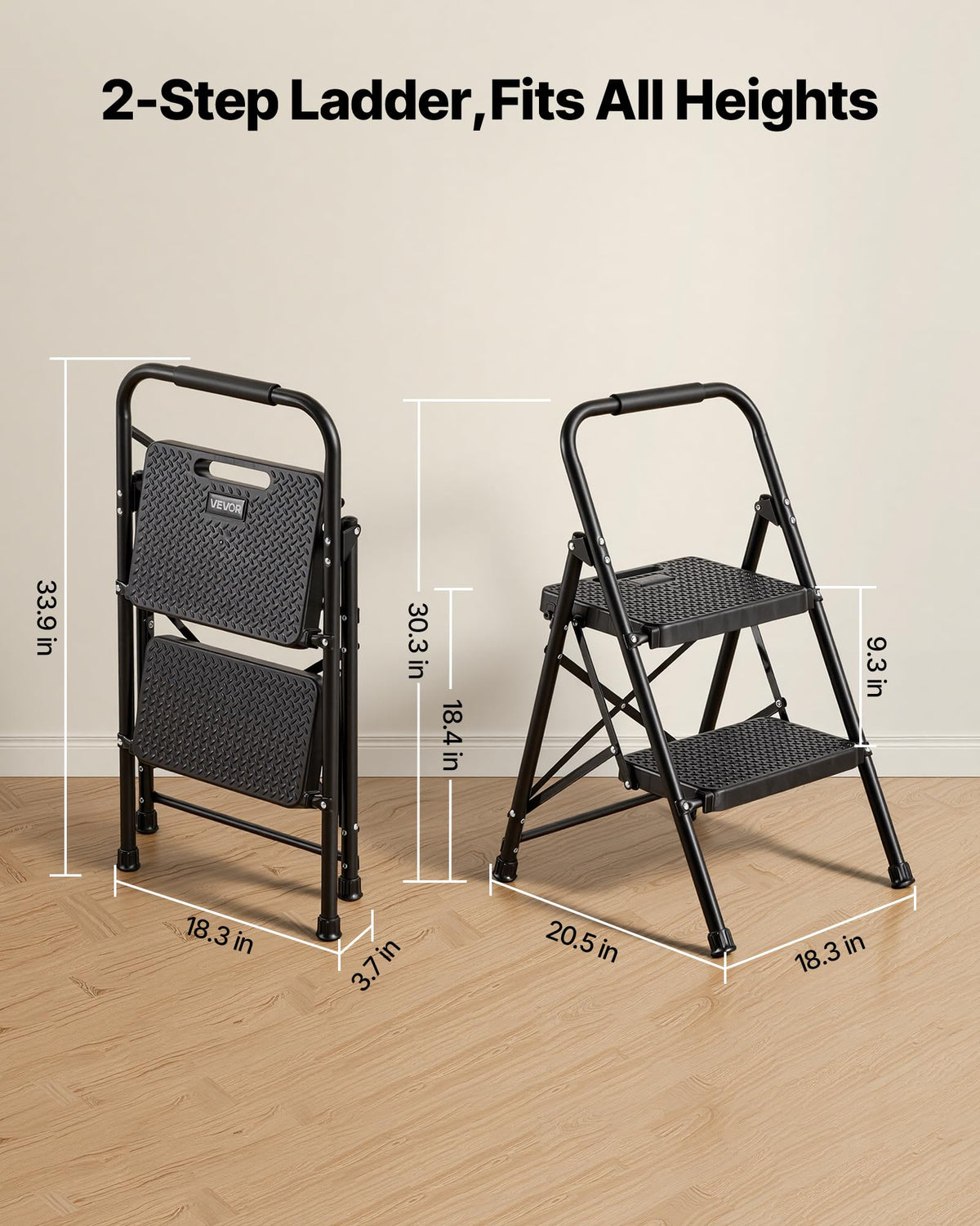 2 Step Folding Steel Ladder 600 lbs Capacity Black R52957