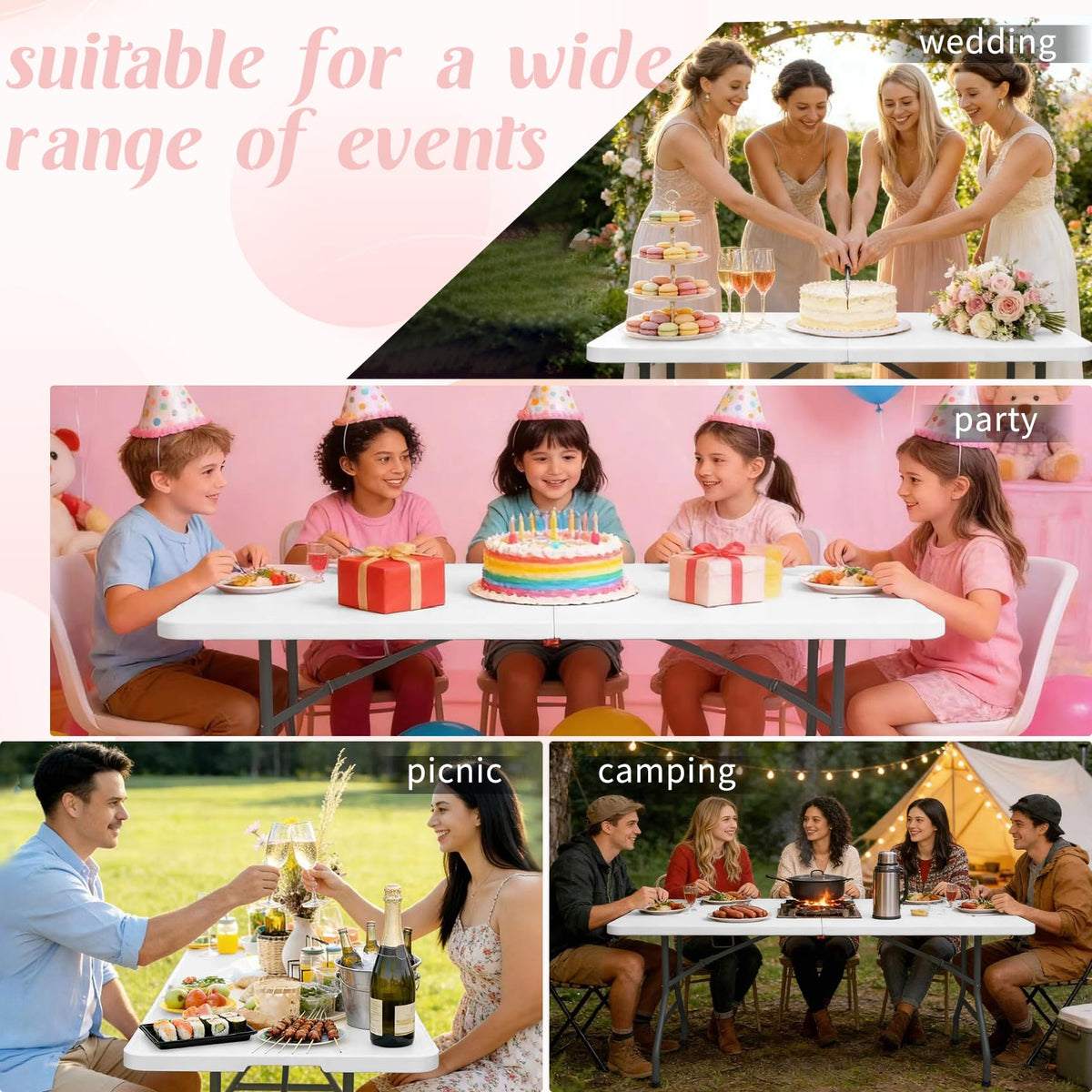 2 Pack 6 Feet Portable Folding Table White Plastic W603545