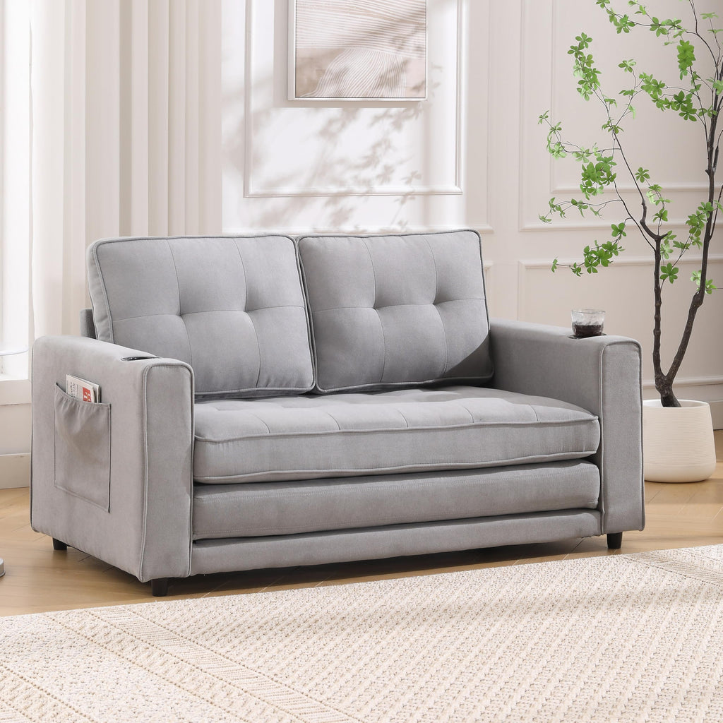 Light Gray Convertible Futon Sofa Bed with Cup Holder O2976