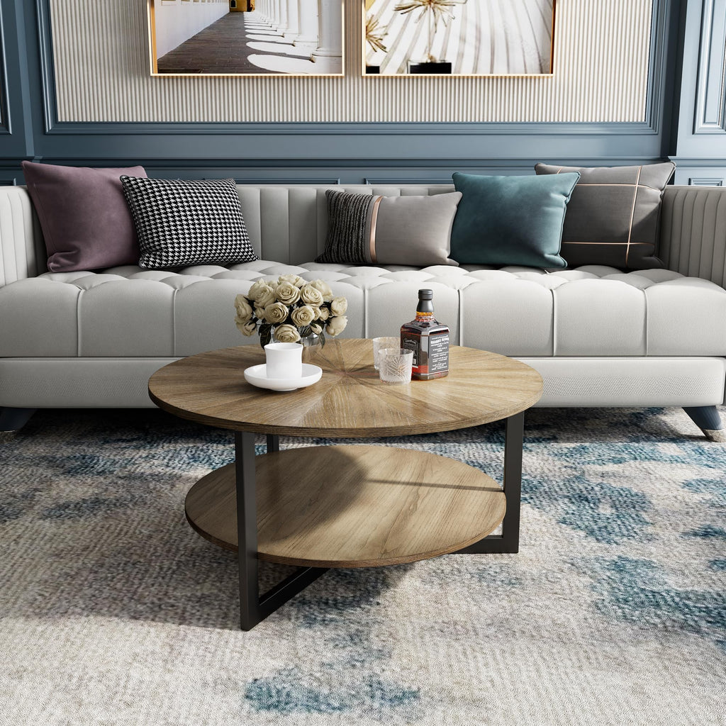 33.5" Round 2-Tier Wood Coffee Table with Storage F298529