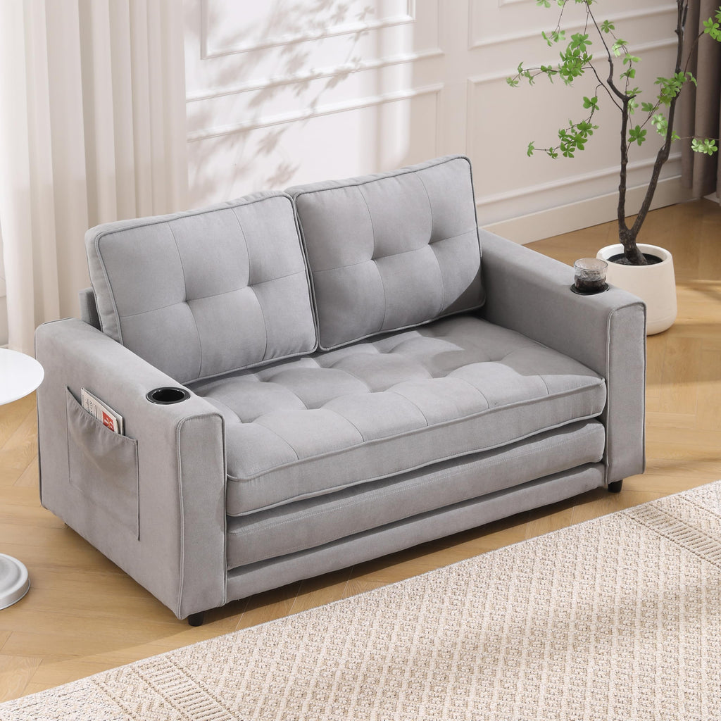 Light Gray Convertible Futon Sofa Bed with Cup Holder O2976