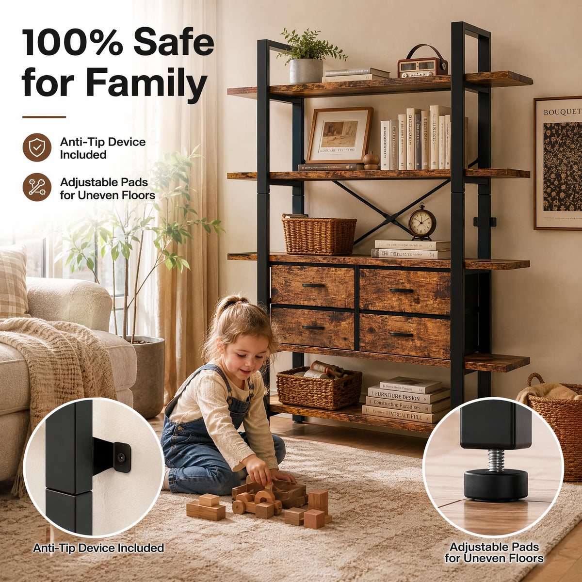 5-Tier Wood and Metal Bookshelf with 4 Fabric Drawers C39689