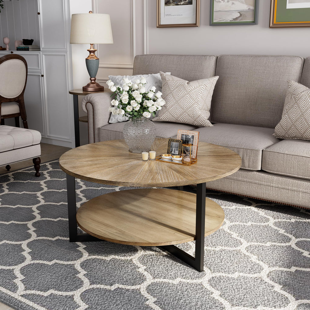 33.5" Round 2-Tier Wood Coffee Table with Storage F298529