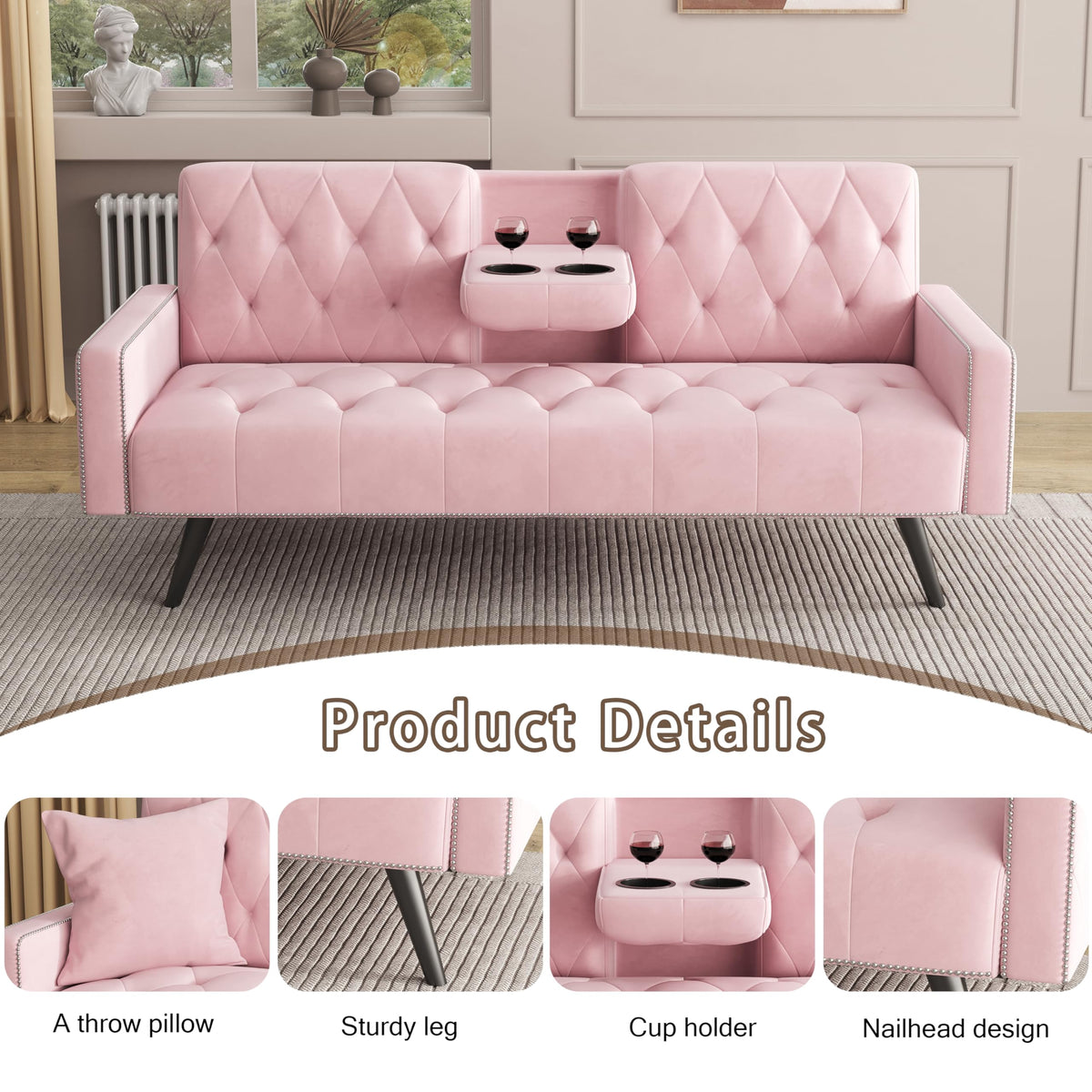 Pink Velvet Futon Sofa Bed Y411344