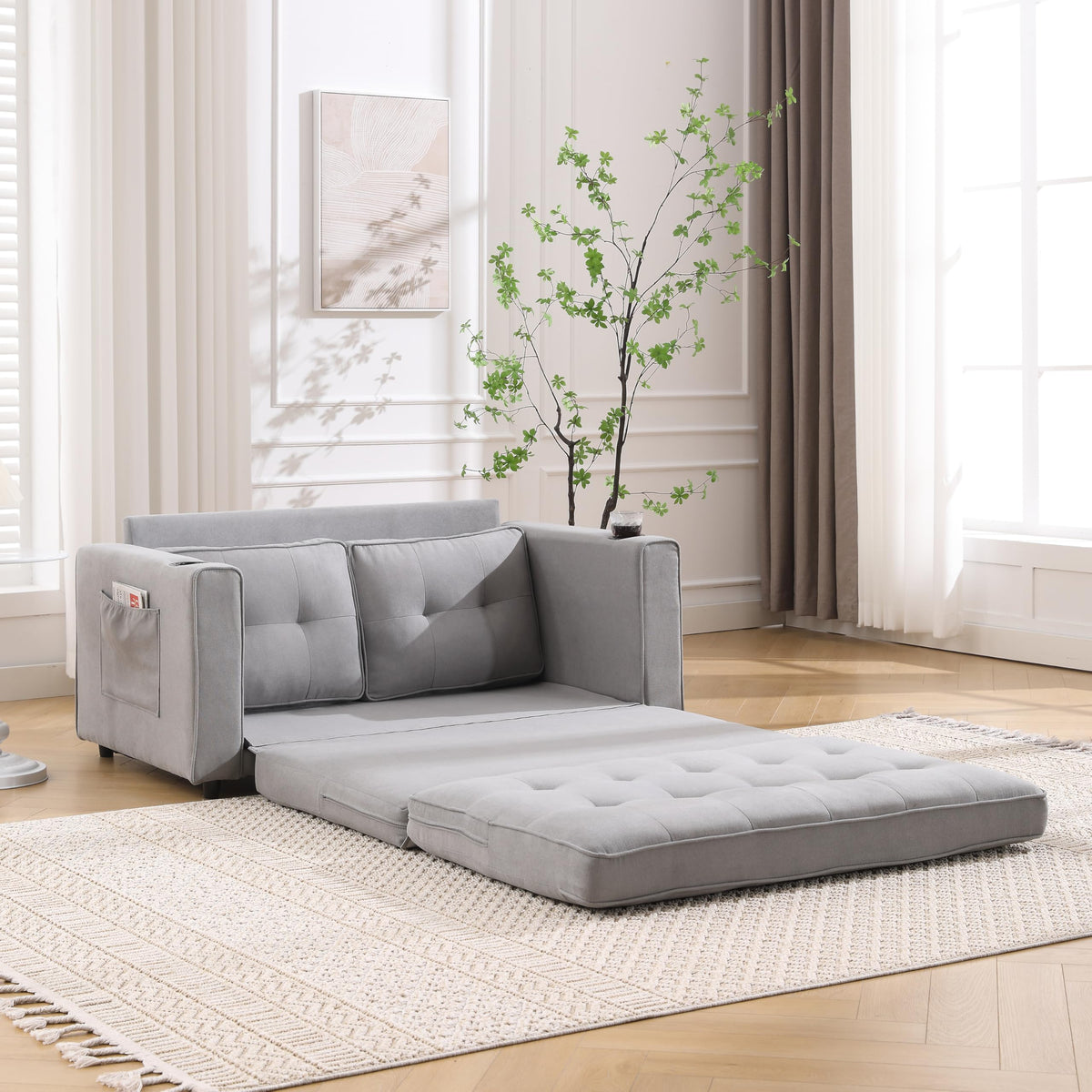Light Gray Convertible Futon Sofa Bed with Cup Holder O2976