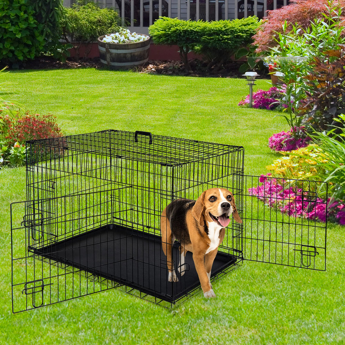 42 Inch Folding Metal Dog Crate with Tray and Handle H54299