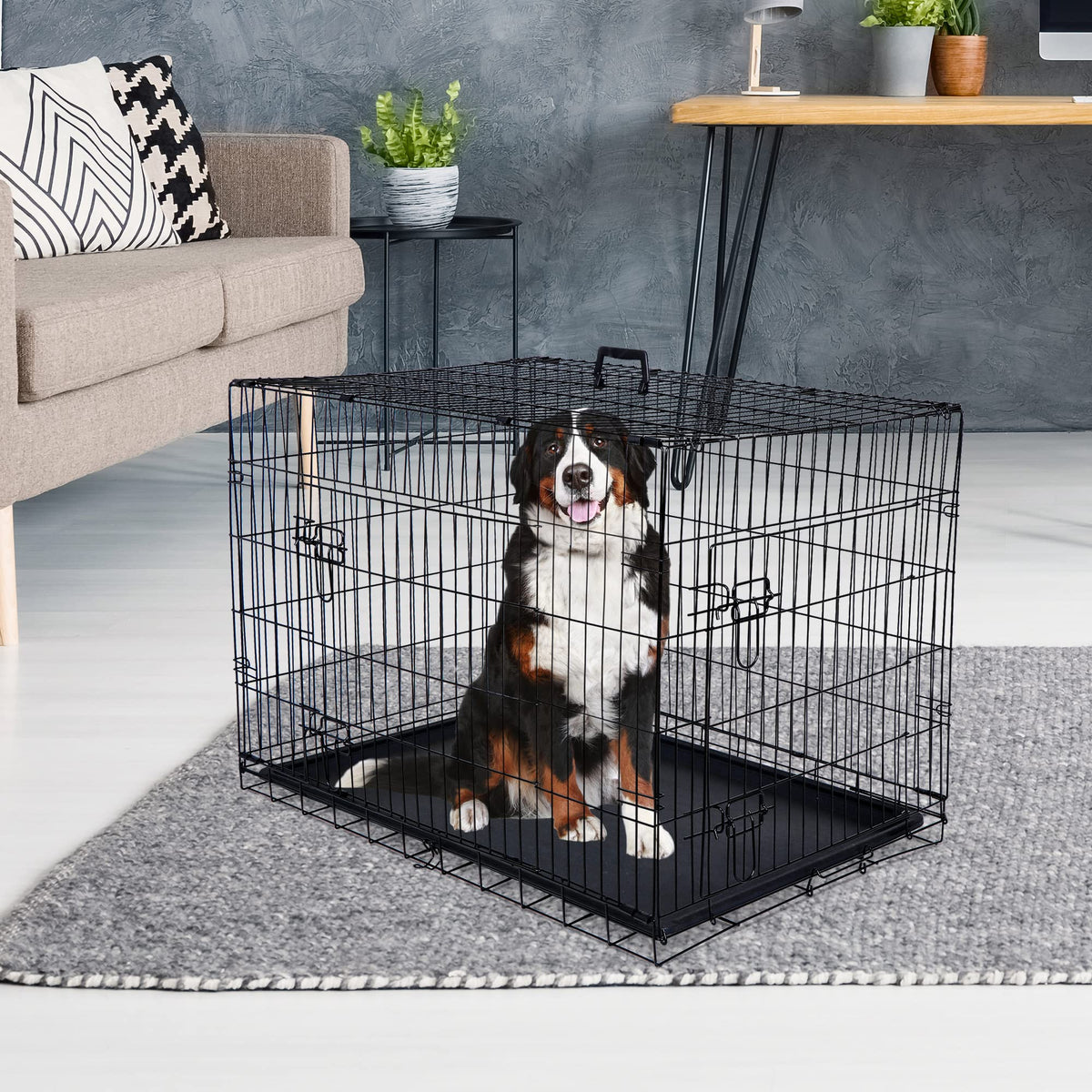 42 Inch Folding Metal Dog Crate with Tray and Handle H54299